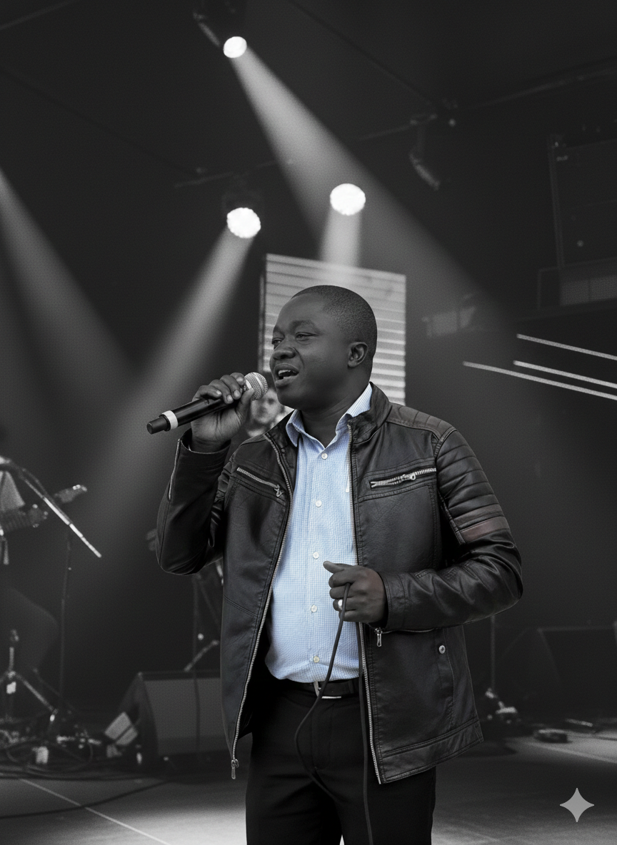 Mbi Roy performing on stage with microphone in professional lighting